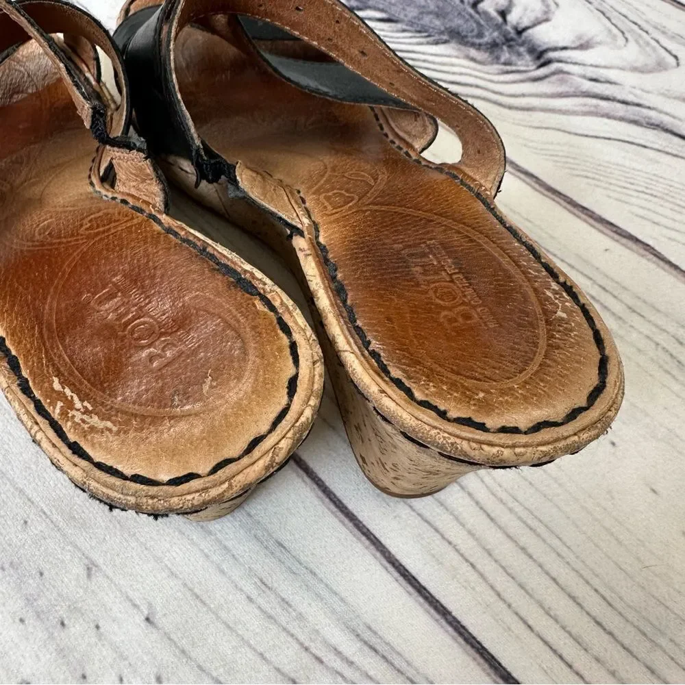 BORN Cork 3” Wedge Heel Strappy Slip-On Black Leather Sandals Sz‎ 10 Platform